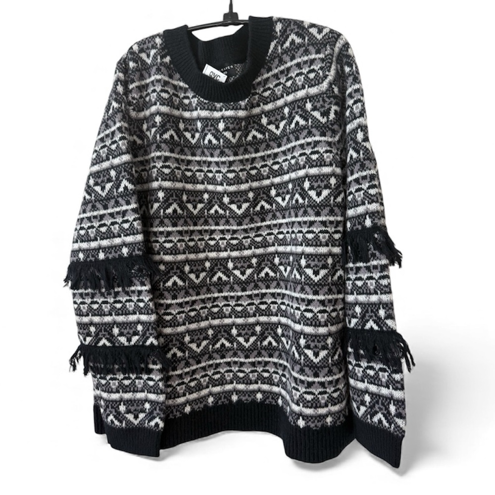 🆕 Susan Graver (QVC) detailed knit black/white fringe sweater *NWT* $74 size: XL